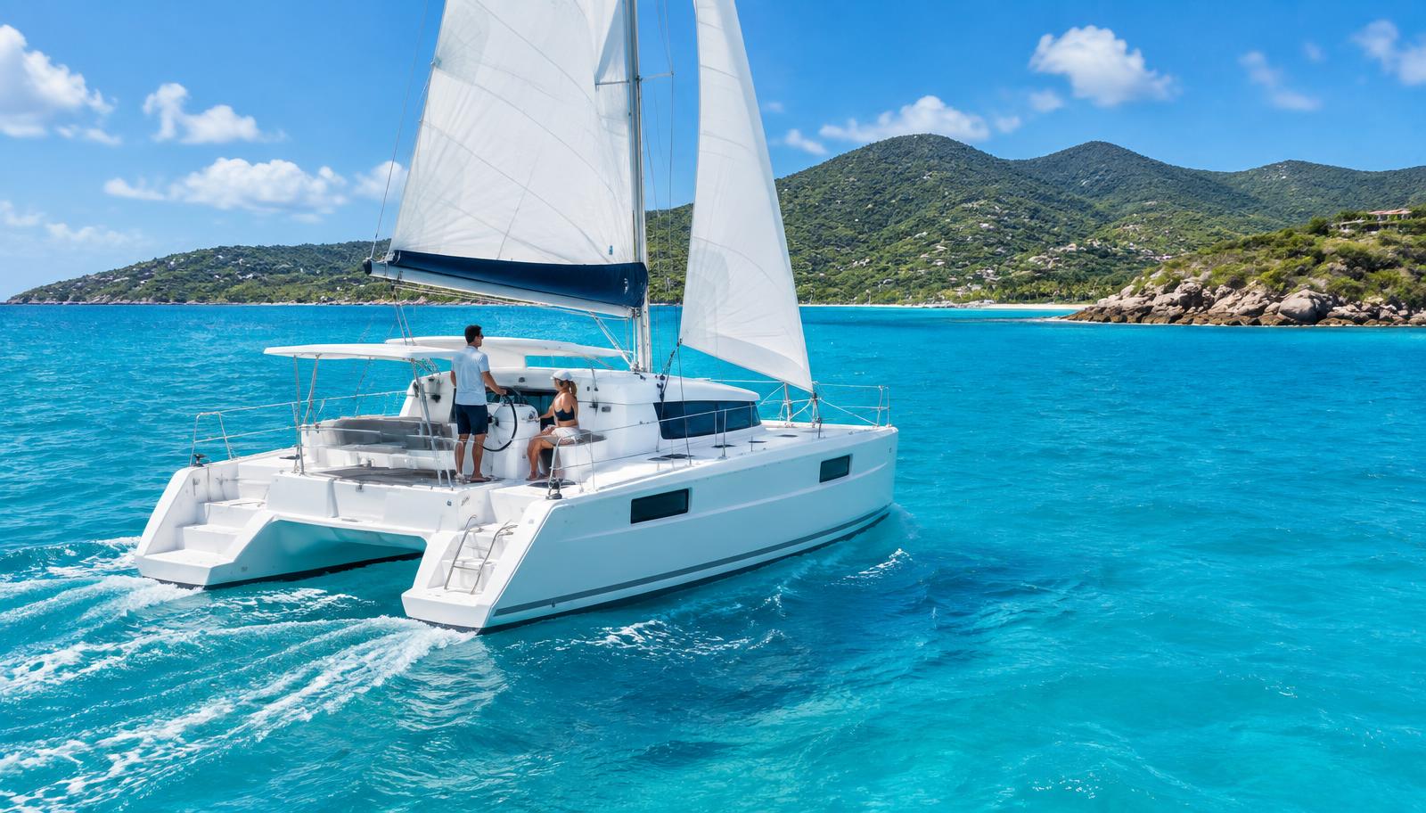 Two guests skippering a white bareboat sailing catamaran through turquoise water in the British Virgin Islands